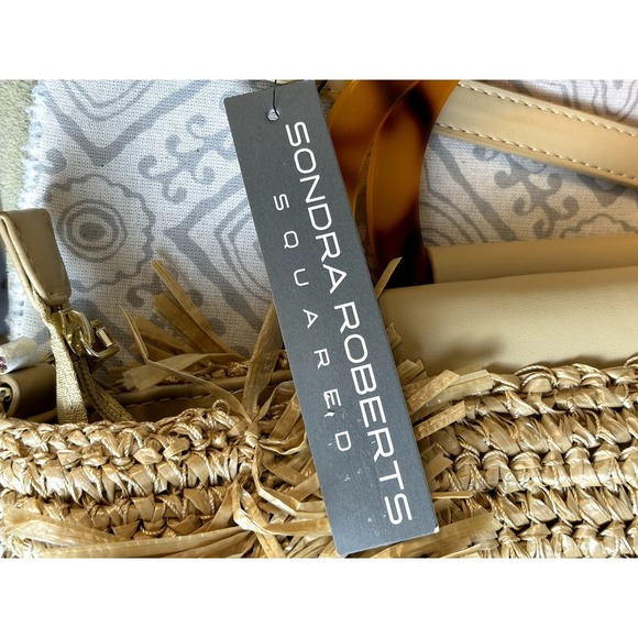 Sondra Roberts Boho Beach Fringe Squared Natural Straw Raffia Weave Bag Purse - Picture 14 of 15
